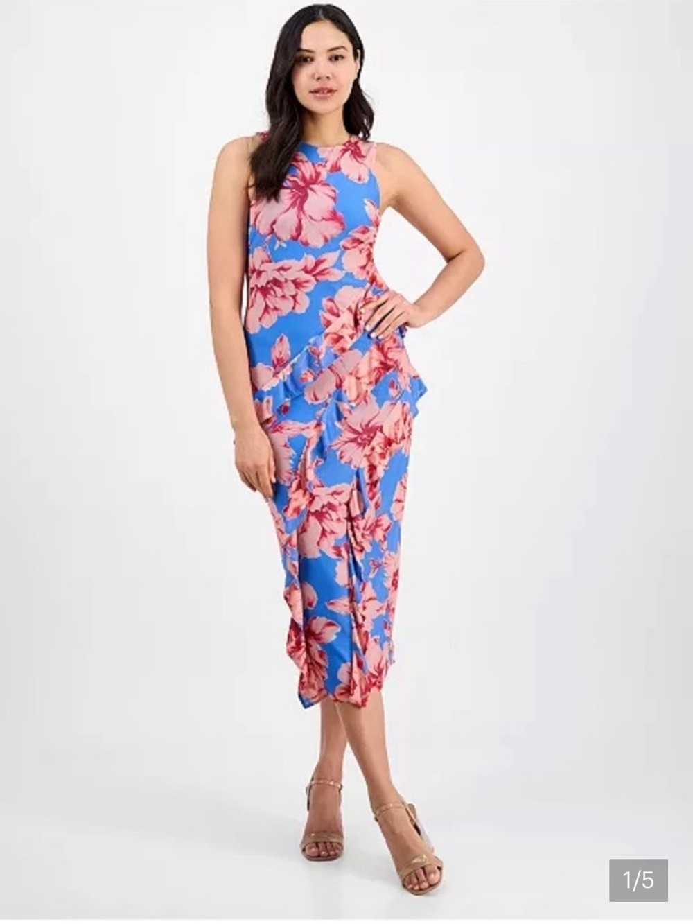 RACHEL Rachel Roy Blue Midi Skirt with Pink Floral Print